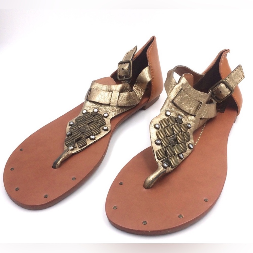 Brown and gold leather studded Dolce Vita t-strap sandal flats 8